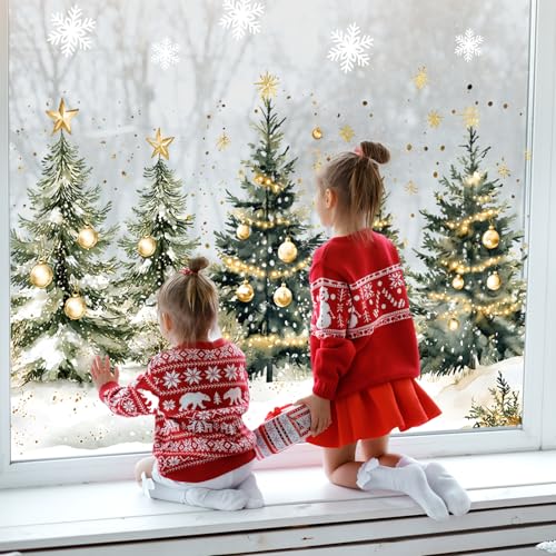 Whaline 9 Sheet Christmas Window Clings Snowy Forest Trees Reusable Window Decals H27510