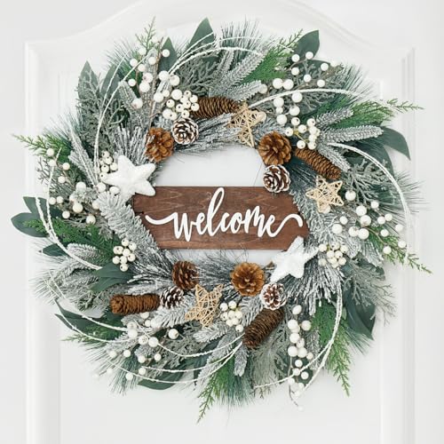 Pinkpuii 24 Inch Artificial Christmas Wreath with Pinecones and Welcome Sign for Front Door H758994