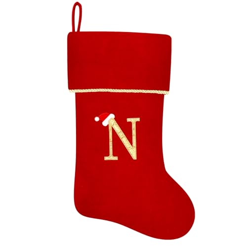 20 Inches Initial Monogram Blue Velvet Christmas Stocking with Gold Trim U394