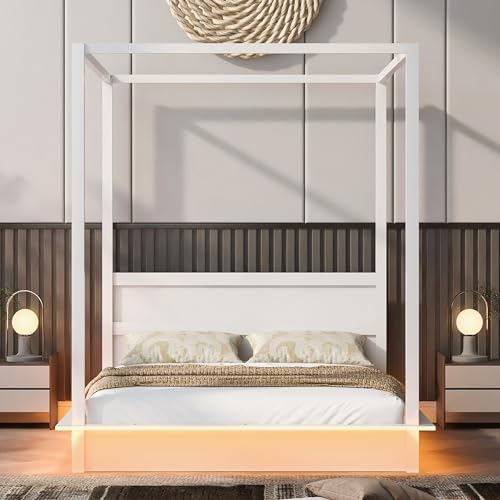Bellemave Canopy Bed Frame Wood Four Posters Full LED Platform Bed with Headboard X806