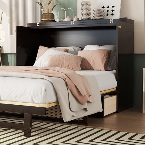 KEIKI Queen Size Murphy Bed with Charging Station and Drawer, Walnut B45816
