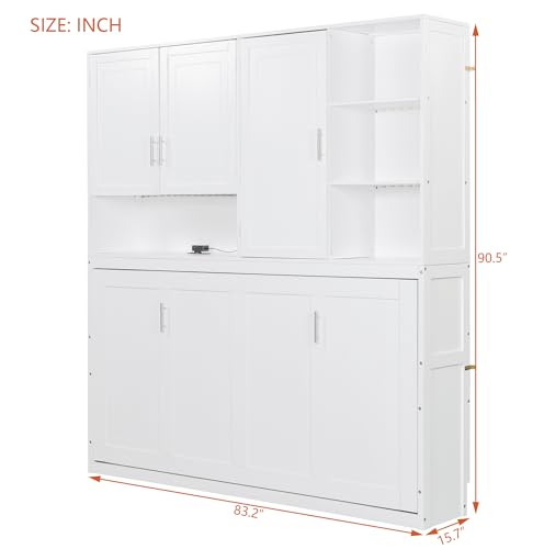 SOFTSEA Twin Murphy Bed with Storage Bookcase, LED Light & Charging Stations, Grey G72495