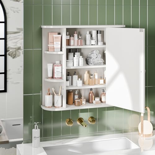 Meilocar Bathroom Mirror Cabinet Wall Mounted, White, 6 Open Shelves V3130