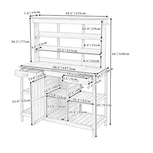 Merax 66" Outdoor Farmhouse Wooden Potting Bench Table with 2 Drawers and Cabinet, Brown U7933