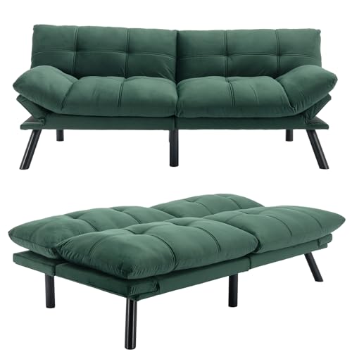 Velvet Convertible Bed, 71" Comfy Loveseat Sleeper Sofa with Adjustable Backrest Armrest, Strengthen Wood, Thick Cushion, Small 2 Seater Futon Couch for Living Room, Bedroom, Navy Blue