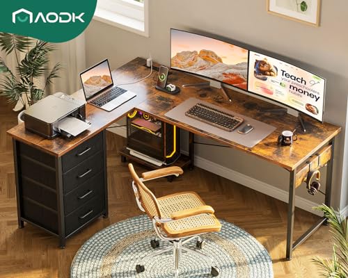 AODK L Shaped Gaming Desk with 4 Drawers, Power Outlets, Black P81263