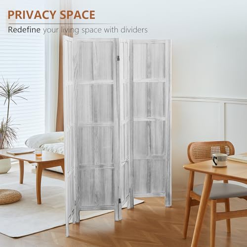 Wood Room Divider 4 Panel, 5.6 FT Tall Folding Privacy Screen, Retro White K4688