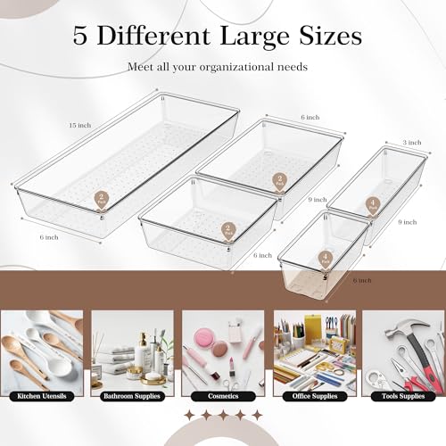 Criusia Drawer Organizer, 10 Pack Clear Plastic Storage Bins, 3 Sizes I166