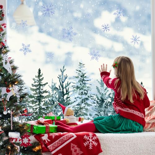 Whaline 9 Sheet Christmas Window Clings Snowy Forest Trees Reusable Window Decals H27510