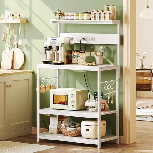 SUPERJARE Kitchen Bakers Rack with Power Outlet, Coffee Bar Table, Rustic Brown W637