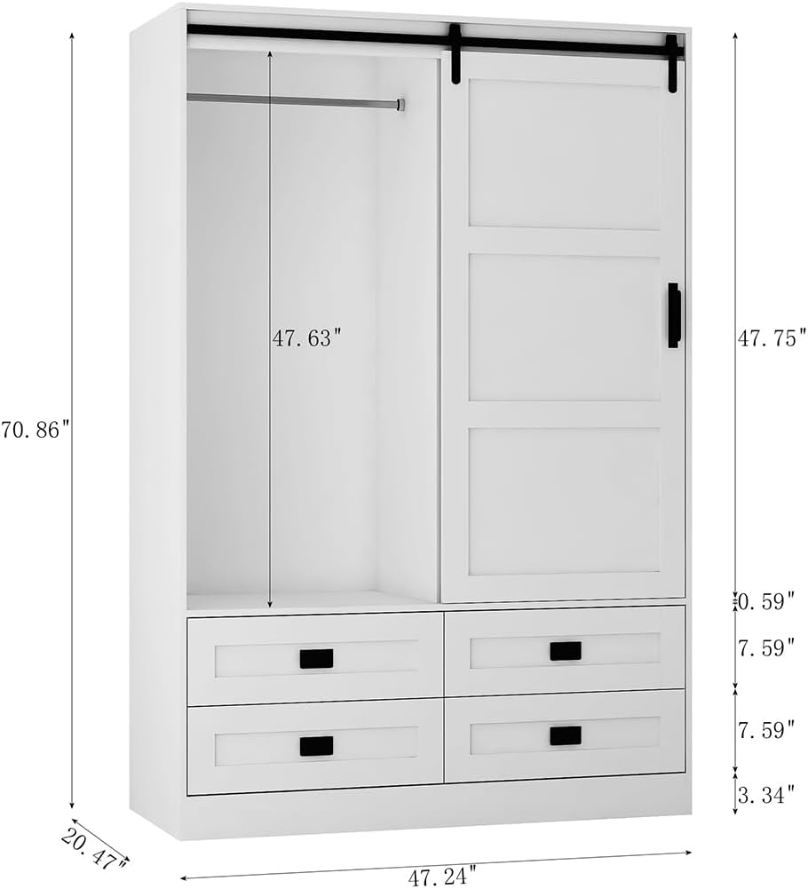 Solid Wood Armoire Wardrobe with Sliding Barn Door, 4 Drawers and Hanging Rod O1248