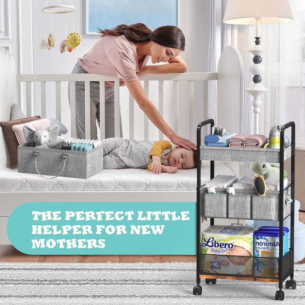 2-in-1 Baby Diaper Caddy & 3-Tier Rolling Cart with Dividers, Metal, Easy to Assemble W57587