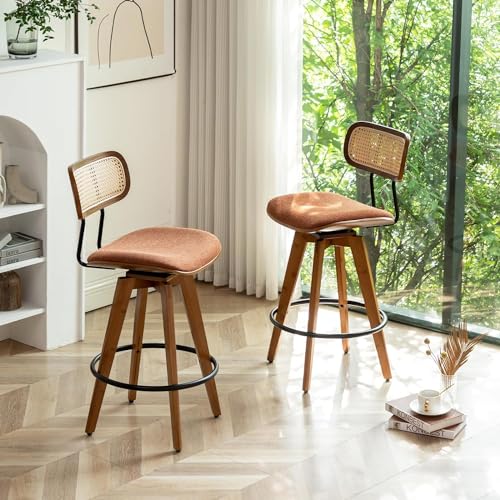 26" Rattan Bar Stools Set of 2, Linen Fabric Swivel Barstools with Wooden Legs B4938