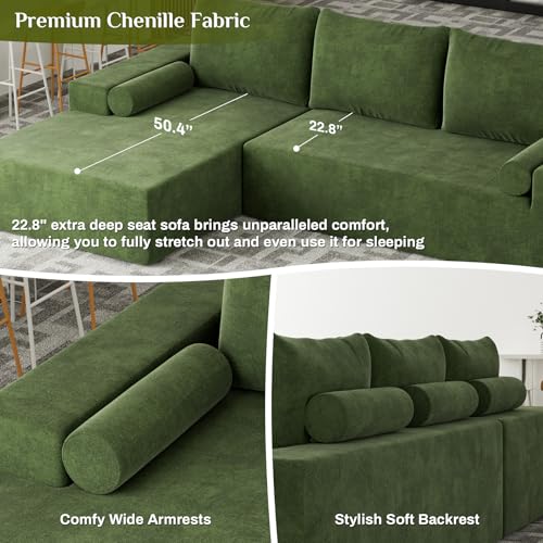 OUYESSIR L-Shape Modular Sectional Sofa Couch, 105" Chenille Upholstered Corner Sofa, Beige White G2566