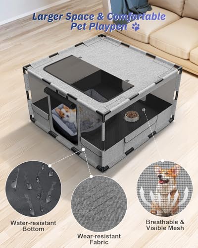 Dog Playpen 43x43x26 Inches Portable with Top Cover, Gray A364