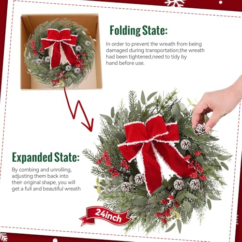 24 Inch Christmas Wreath with Red Ribbon and Pine Cones for Front Door D30392