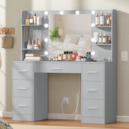 Quimoo Large Vanity Desk with LED Mirror & Power Outlet, White L335