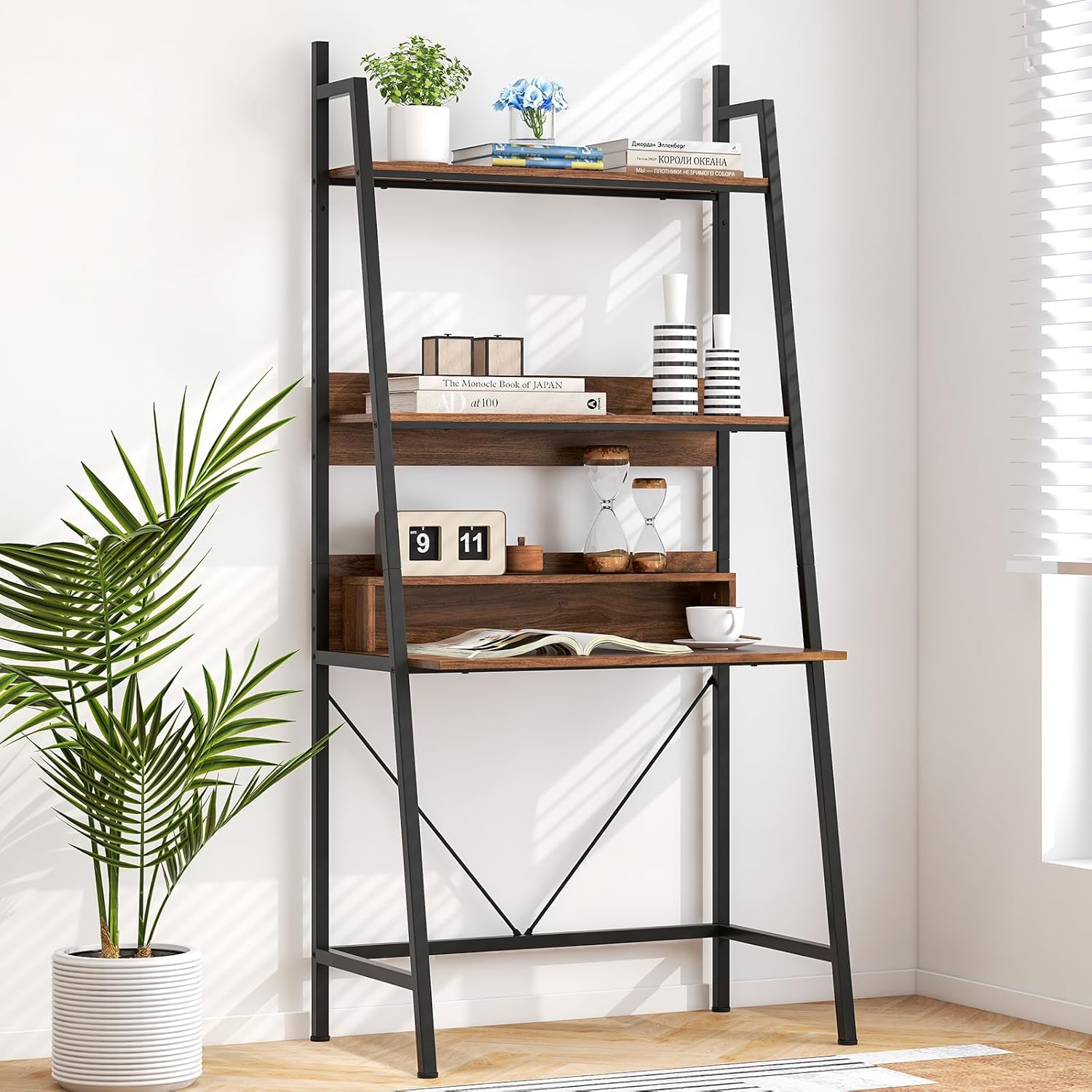 GOFLAME 71" High Ladder Desk with Open Shelves, Brown V699