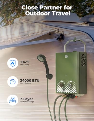KEMIMOTO Propane Tankless Water Heater Outdoor Portable 1.32 GPM 34000 BTU for RV Camping Cabin Z62590