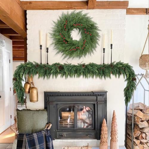 Lush Christmas Wreath with Red Berries 24 inch Faux Cedar for Front Door P46434