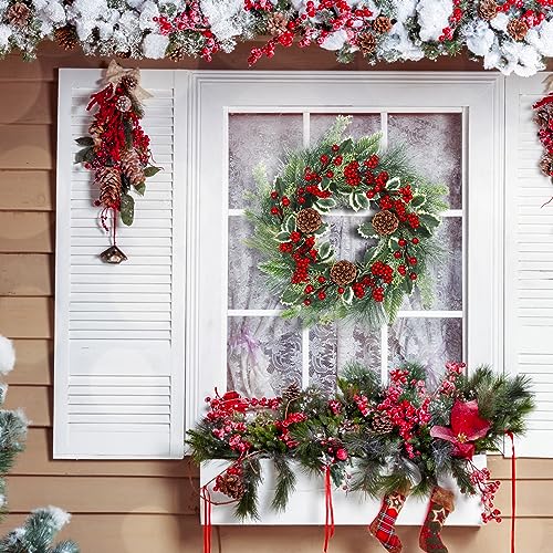 24 Inch Christmas Wreath with Red Ribbon and Pine Cones for Front Door D30392