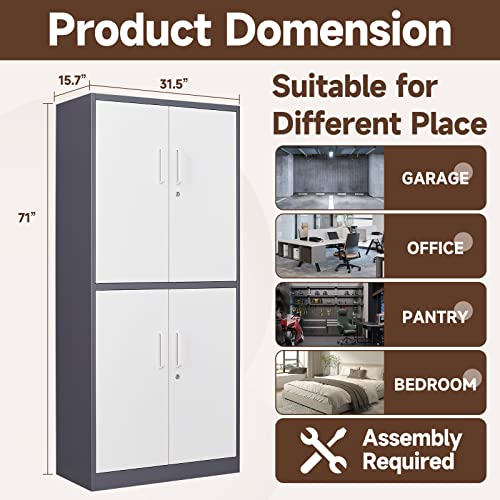 Locking Metal Garage Cabinet 72" Tall, 2 Doors, 5 Shelves, Black Steel Storage B923