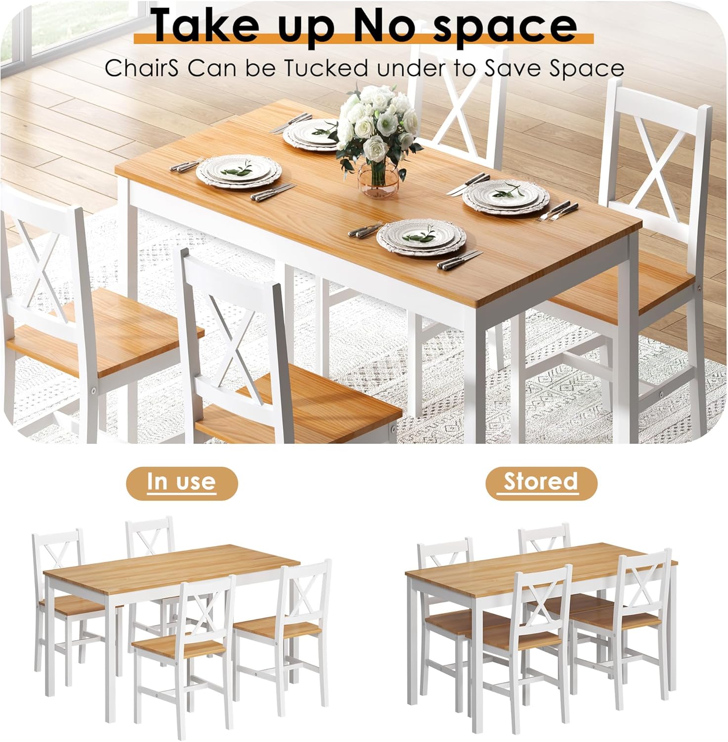 sogesfurniture 47.2" 5-Piece Pine Wood Dining Table Set with 4 Chairs J252877