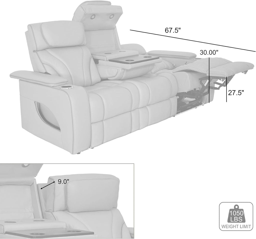 Armen Living Octavia Power Reclining Heated Massage Sofa, 86" Wide, Silver and Gray Leather M65396
