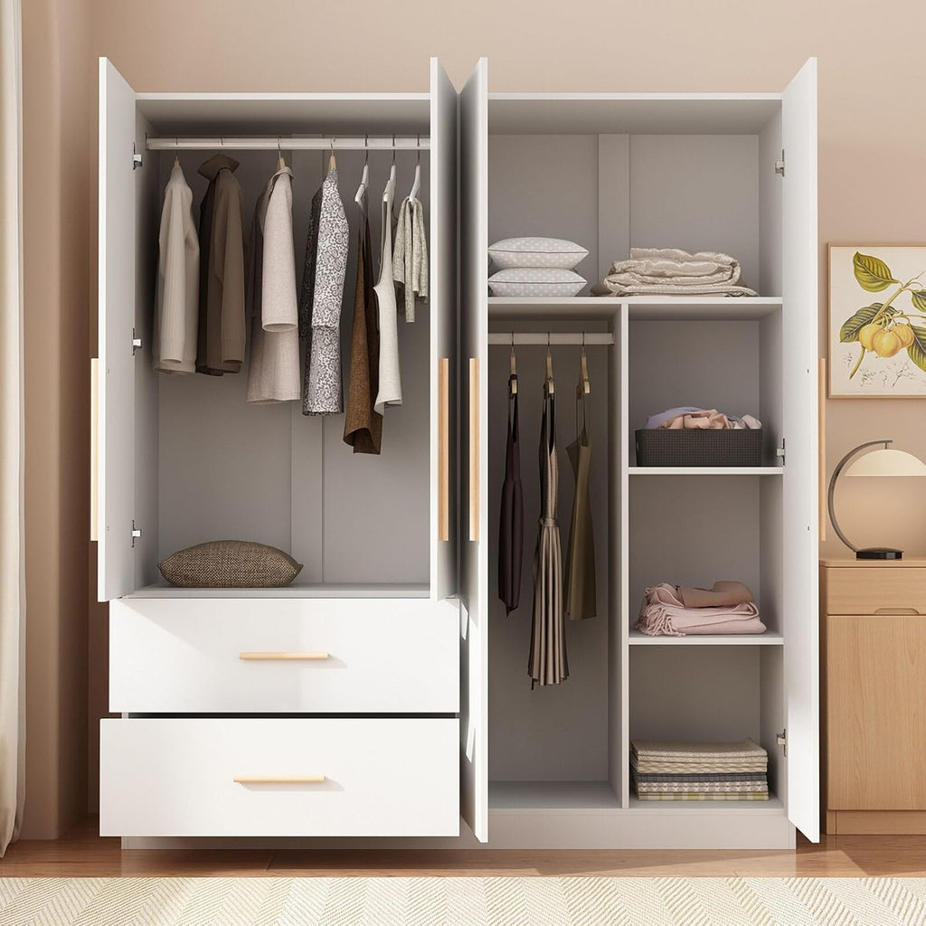 Tall Wooden Wardrobe Armoire 4-Door 2-Drawer White L364713