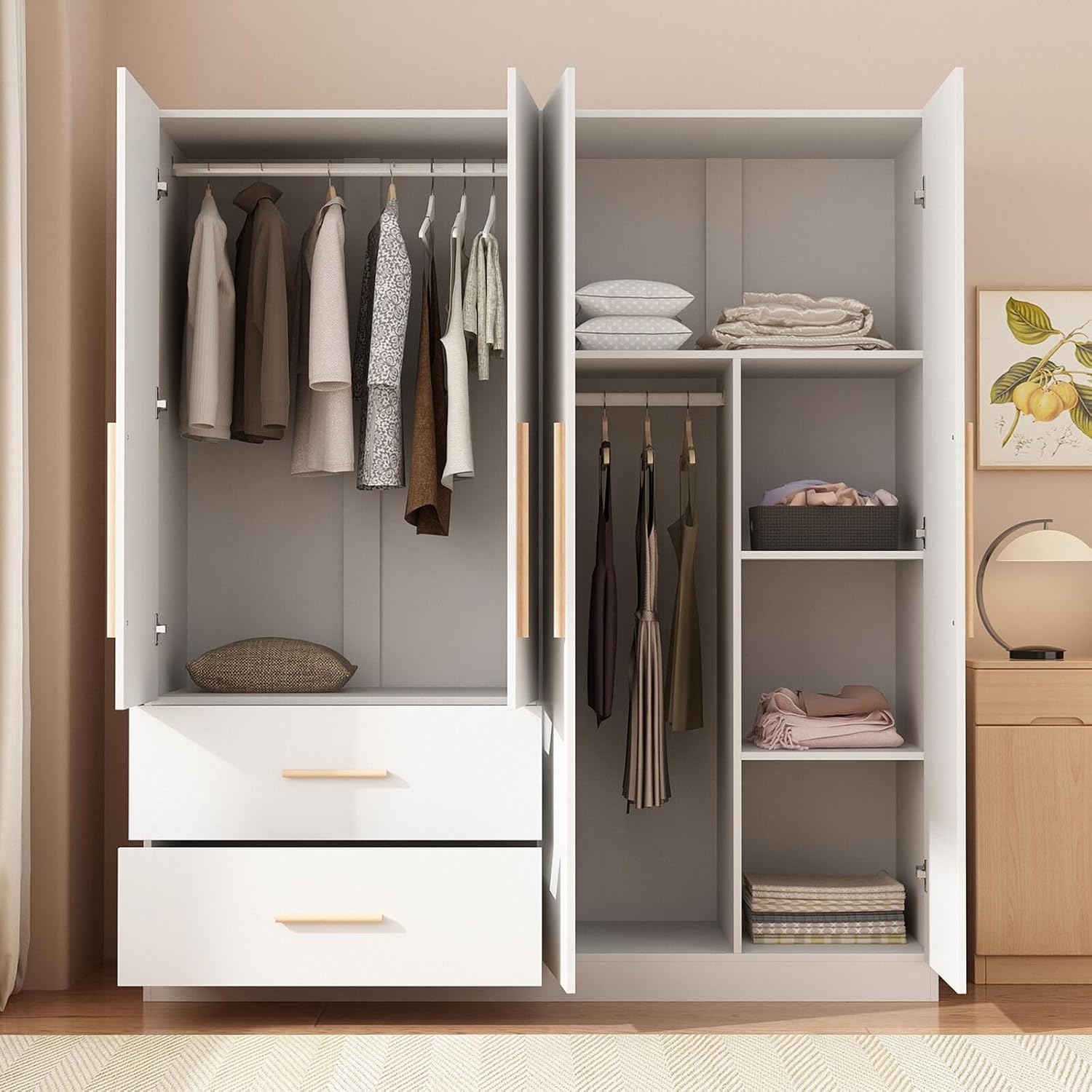 Tall Wooden Wardrobe Armoire 4-Door 2-Drawer White L364713
