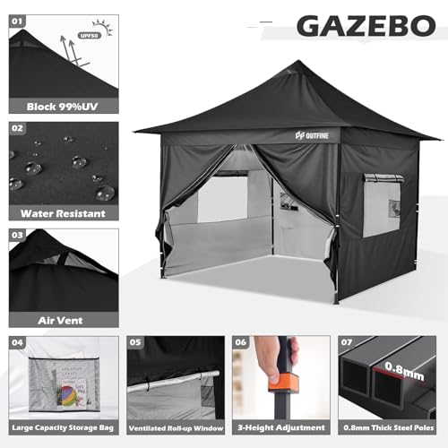 OUTFINE Heavy Duty 10x10 Pop Up Canopy Tent with 3 Side Walls, White Q980400
