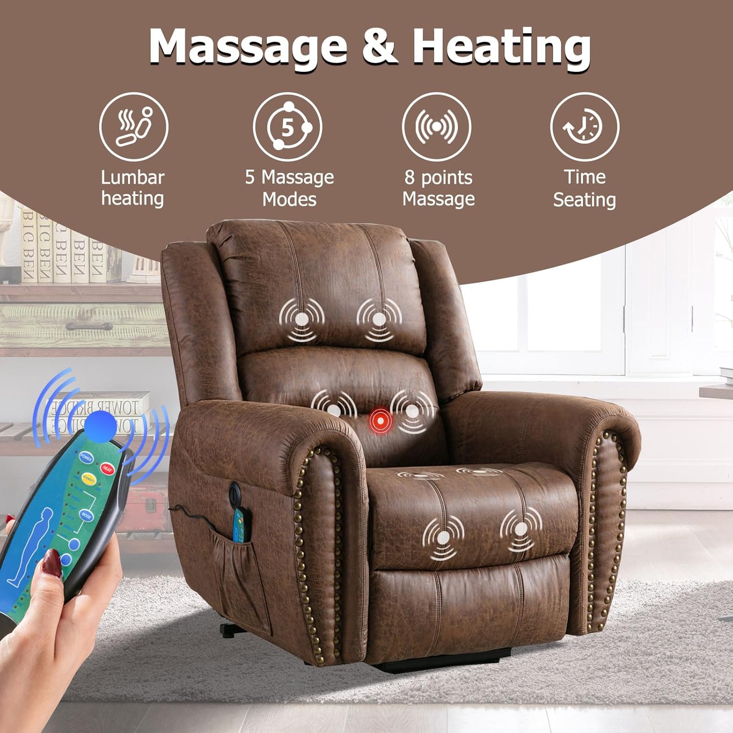 Phoenix Home Power Lift Chair for Elderly Leather Electric Reclining with Massage and Heating, Brown J82667