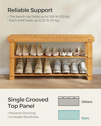 SONGMICS 3-Tier Bamboo Shoe Rack Bench, Entryway Storage, Ink Black X802