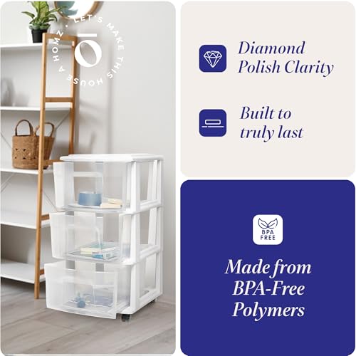 HOMZ 3-Tier Clear Plastic Storage Organizer Cart with Wheels, Black Frame M4715