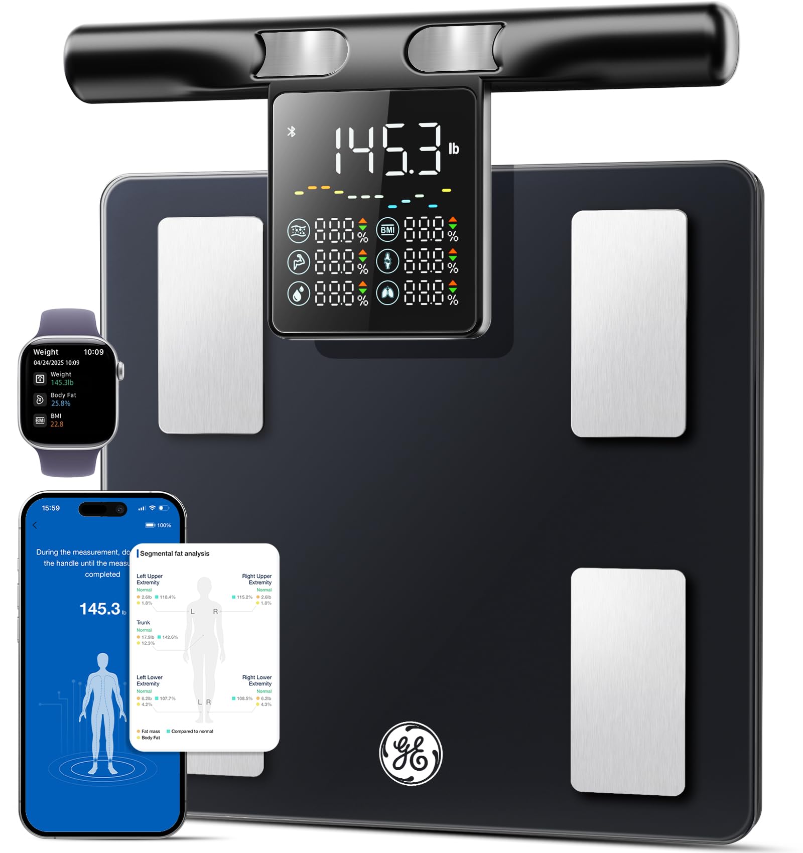 GE Smart Scale for Body Fat with BMI Muscle Mass, 5.3-inch Handle Display