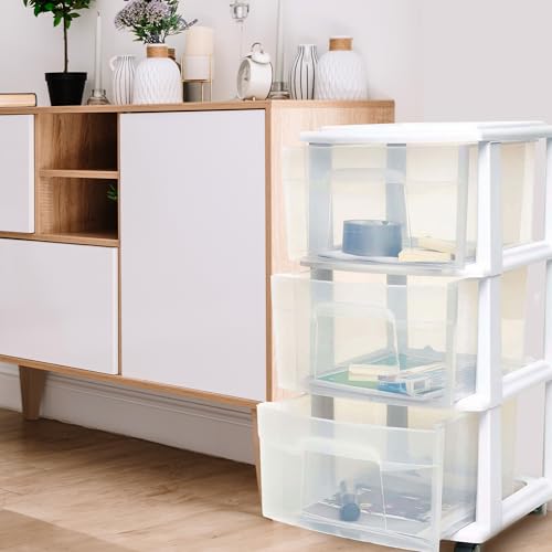 HOMZ 3-Tier Clear Plastic Storage Organizer Cart with Wheels, Black Frame M4715