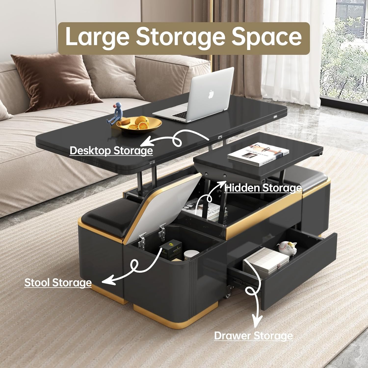 Black Lift Top Coffee Table with 4 Storage Stools T544