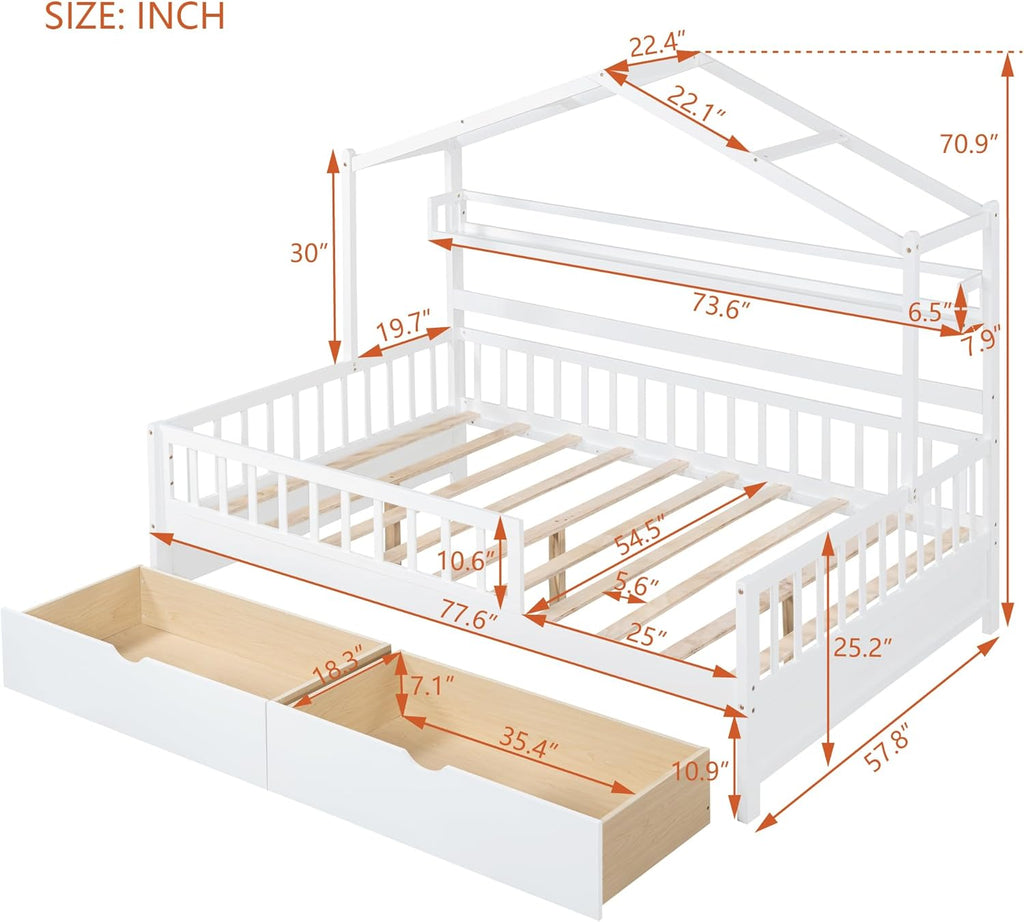 Wooden Full Size House Bed Frame with 2 Drawers and Storage Shelf T40310