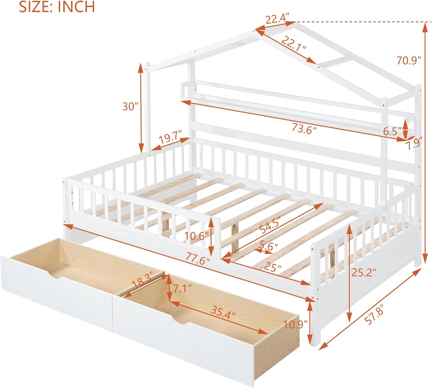 Wooden Full Size House Bed Frame with 2 Drawers and Storage Shelf T40310