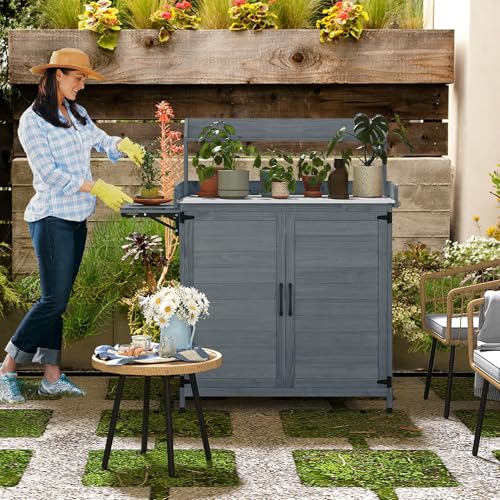 YITAHOME Solid Wood Potting Bench Table with Folding Pallet and Metal Tabletop, Grey Y7623