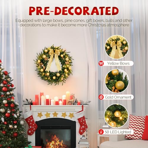 VINGLI 48 Inch Pre-lit Artificial Christmas Wreath with 150 LED Lights T885