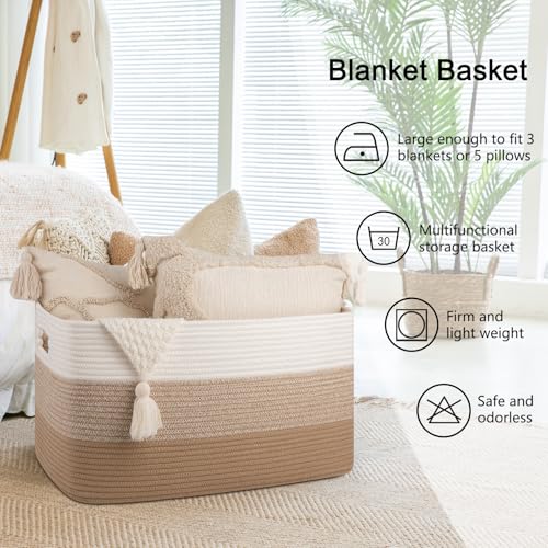 OIAHOMY Large Rectangle Woven Blanket Basket with Handle, Gradient Blue B58762