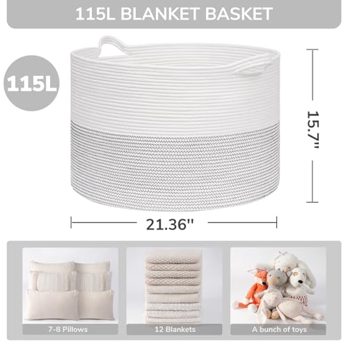 INDRESSME Large Cotton Rope Storage Basket with Handles, 90L Grey R37552