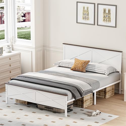 VOPEAK Farmhouse Queen Bed Frame with Headboard, Metal Platform, White E258