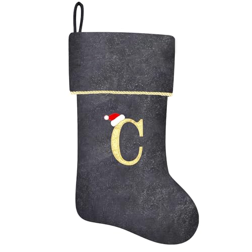 20 Inches Initial Monogram Blue Velvet Christmas Stocking with Gold Trim U394