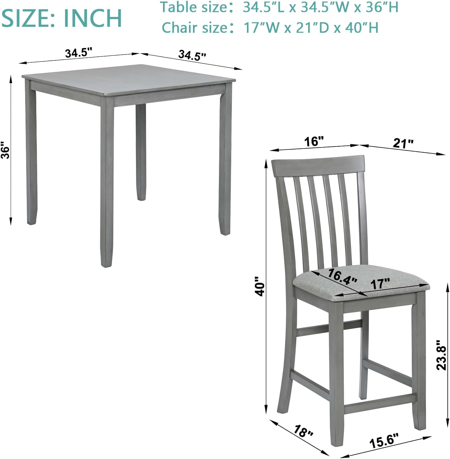 5 Piece Counter Height Dining Table Set for 4, Farmhouse with Upholstered Chairs, Dove Gray A5692