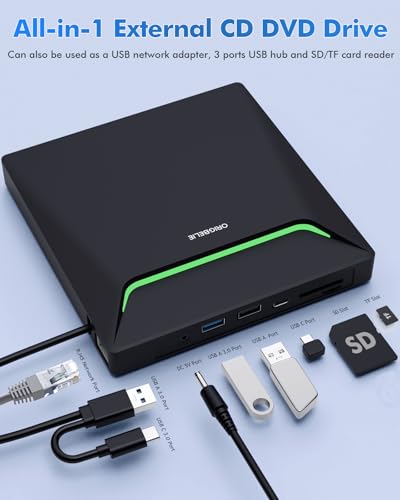 External CD DVD Drive for Laptop, USB 3.0 Type-C, Slim Portable Burner T70166