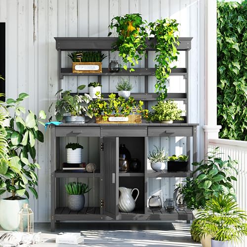 Merax 66" Outdoor Farmhouse Wooden Potting Bench Table with 2 Drawers and Cabinet, Brown U7933
