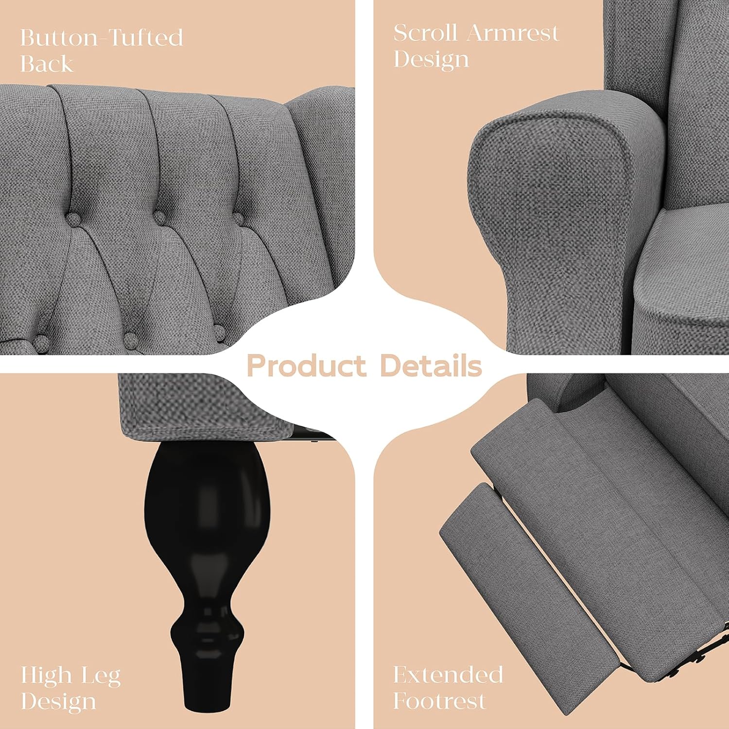 High Back Wingback Recliner Chair for Living Room, Tufted Upholstered Armchair, Dark Gray I355338