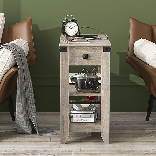 Fameill End Tables Set of 2, Narrow Side Table with Charging Station, Rustic Grey X913791